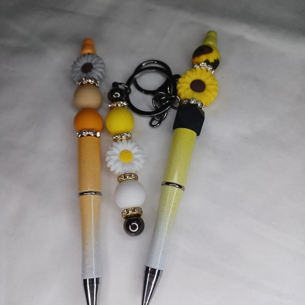 Handcrafted Silcone Beaded Pens and keychain with Floral Accents
